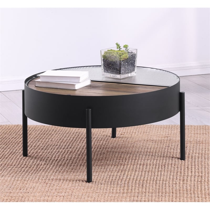 Pemberly Row Round Coffee Table with Hidden Storage in Sandy Black