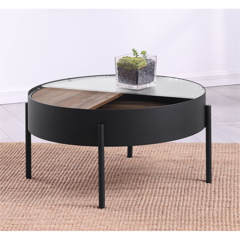 Pemberly Row Round Coffee Table with Hidden Storage in Sandy Black