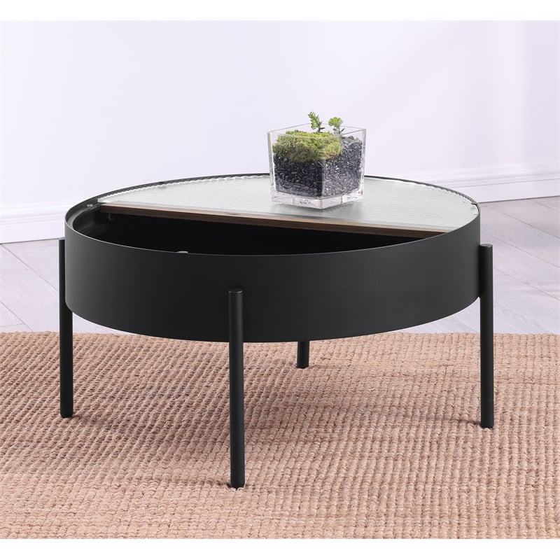 Pemberly Row Round Coffee Table with Hidden Storage in Sandy Black