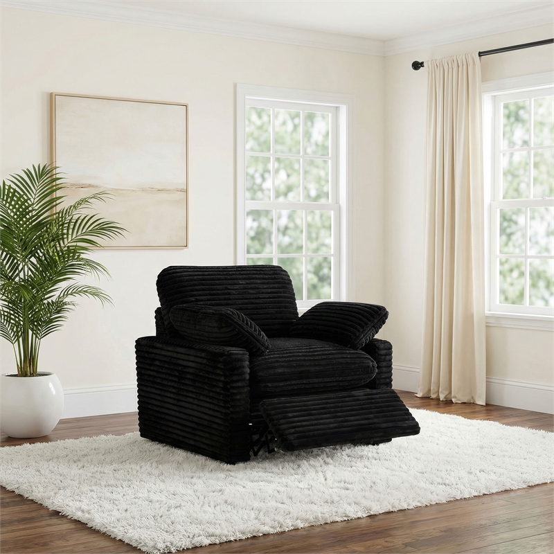 Pemberly Row Upholstery Fabric Corduroy Power Recliner Chair in Black