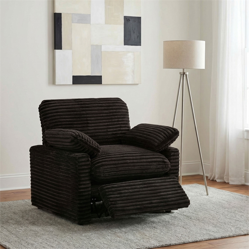 Pemberly Row Upholstery Fabric Corduroy Power Recliner Chair in Brown