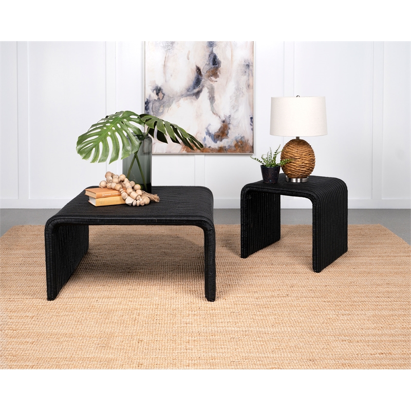 Pemberly Row 2-piece Woven Rattan Coffee and End Table Set in Black