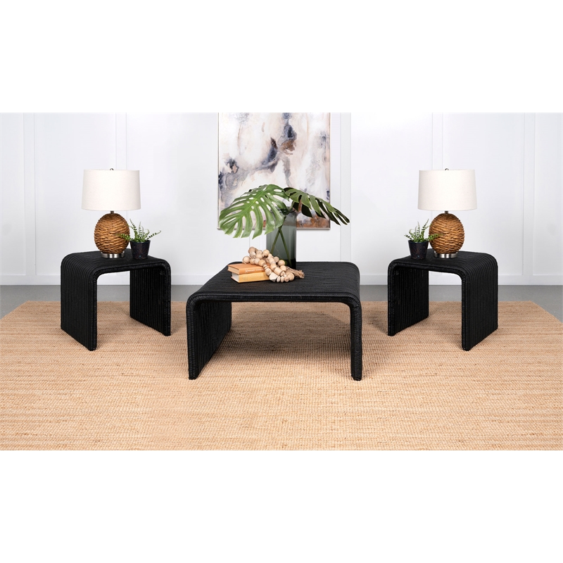 Pemberly Row 3-piece Woven Rattan Coffee and End Table Set in Black