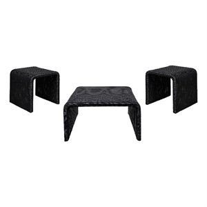 Pemberly Row 3-piece Woven Rattan Coffee and End Table Set in Black