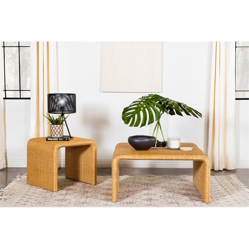 Pemberly Row 2-piece Woven Rattan Coffee and End Table Set in Natural