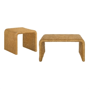 Pemberly Row 2-piece Woven Rattan Coffee and End Table Set in Natural