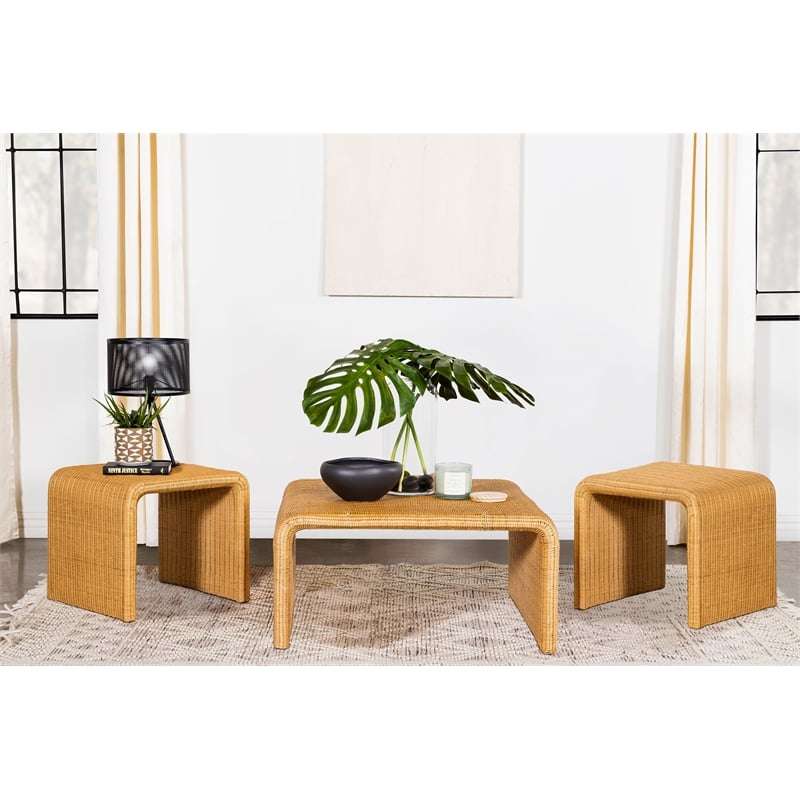 Pemberly Row 3-piece Woven Rattan Coffee and End Table Set in Natural