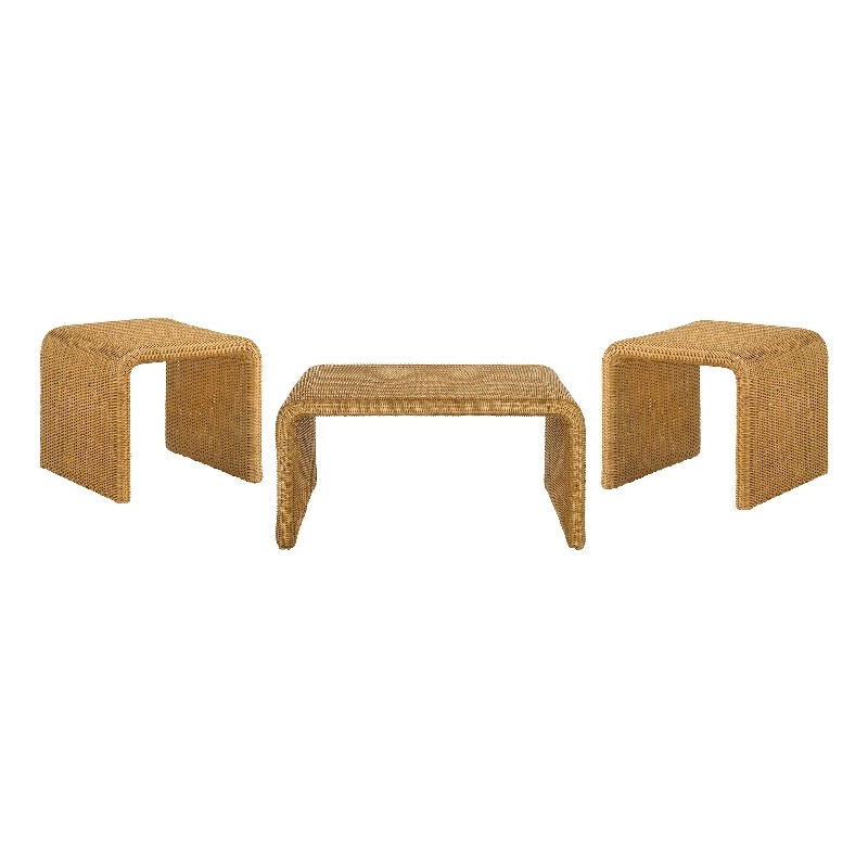 Pemberly Row 3-piece Woven Rattan Coffee and End Table Set in Natural
