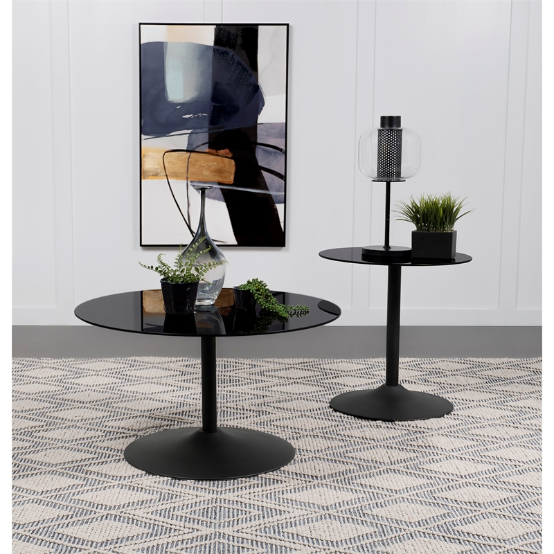 Pemberly Row 2-piece Round Glass Top Coffee and End Table Set in Black