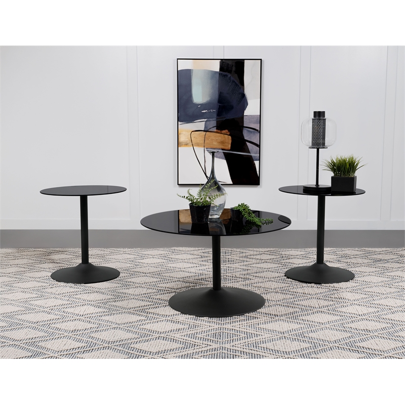 Pemberly Row 3-piece Round Glass Top Coffee and End Table Set in Black