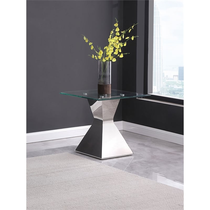Pemberly Row Square Glass Top Stainless Steel Side End Table in Chrome
