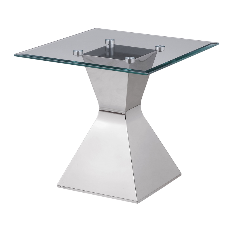 Pemberly Row Square Glass Top Stainless Steel Side End Table in Chrome