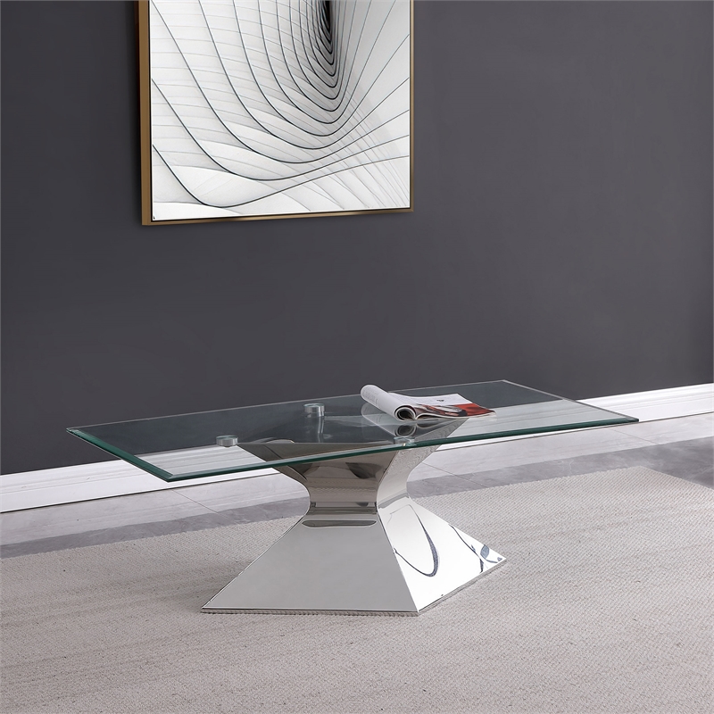 Pemberly Row Rectangular Glass Top Stainless Steel Coffee Table in Chrome