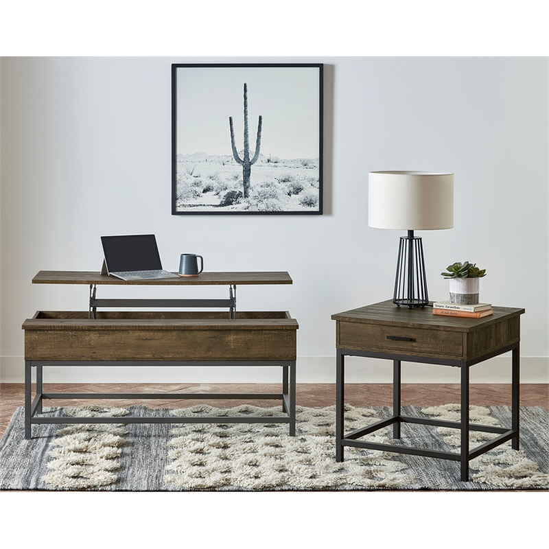 Pemberly Row 2-piece Lift Top Coffee and End Table Set in Brown Oak