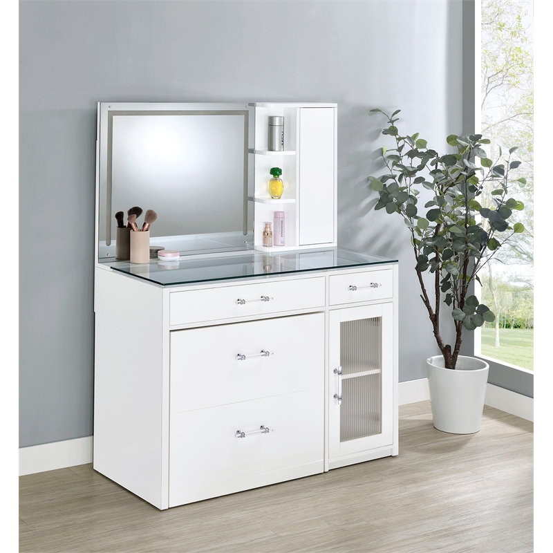 Pemberly Row 2-drawer Vanity Set with LED Mirror in White High Gloss