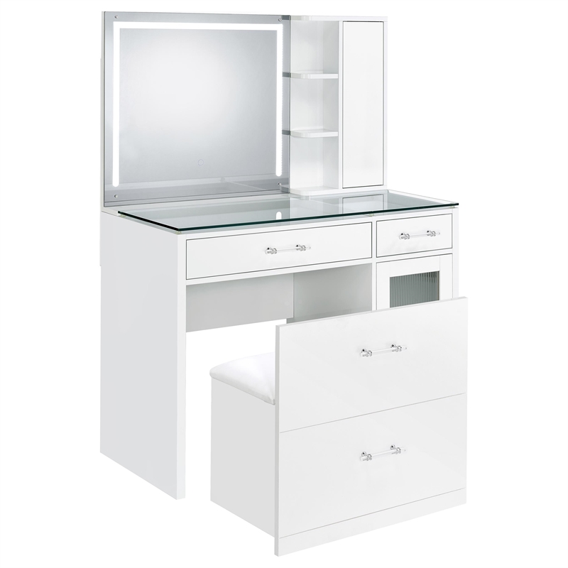 Pemberly Row 2-drawer Vanity Set with LED Mirror in White High Gloss