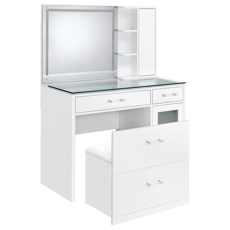 Pemberly Row 2-drawer Vanity Set with LED Mirror in White High Gloss