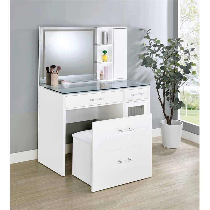 Pemberly Row 2-drawer Vanity Set with LED Mirror in White High Gloss