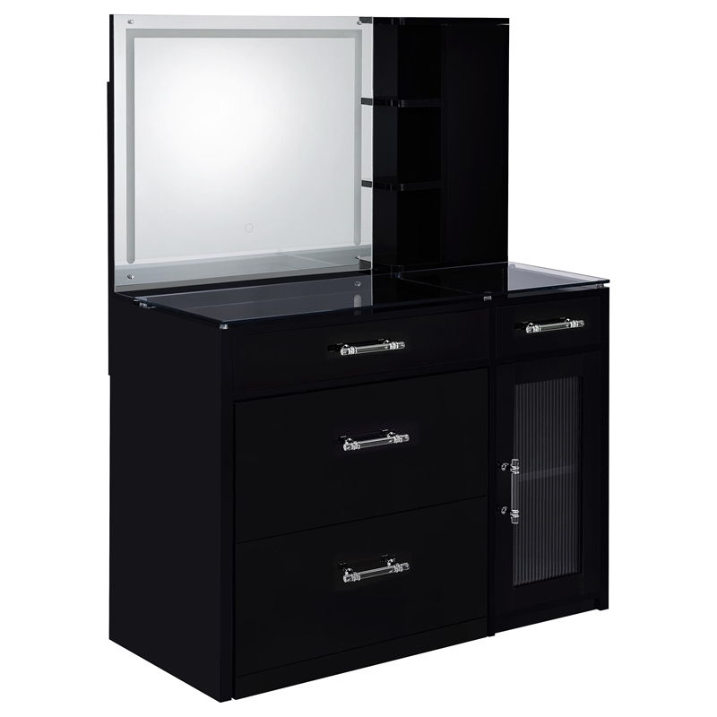 Pemberly Row 2-drawer Vanity Set with LED Mirror in Black High Gloss