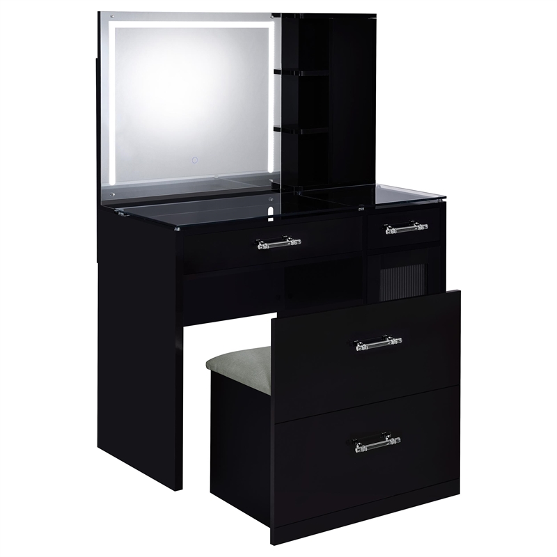 Pemberly Row 2-drawer Vanity Set with LED Mirror in Black High Gloss