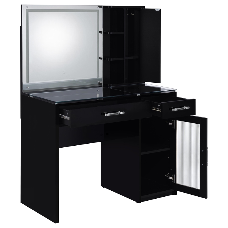 Pemberly Row 2-drawer Vanity Set with LED Mirror in Black High Gloss