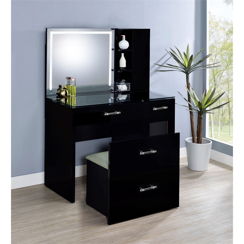 Pemberly Row 2-drawer Vanity Set with LED Mirror in Black High Gloss