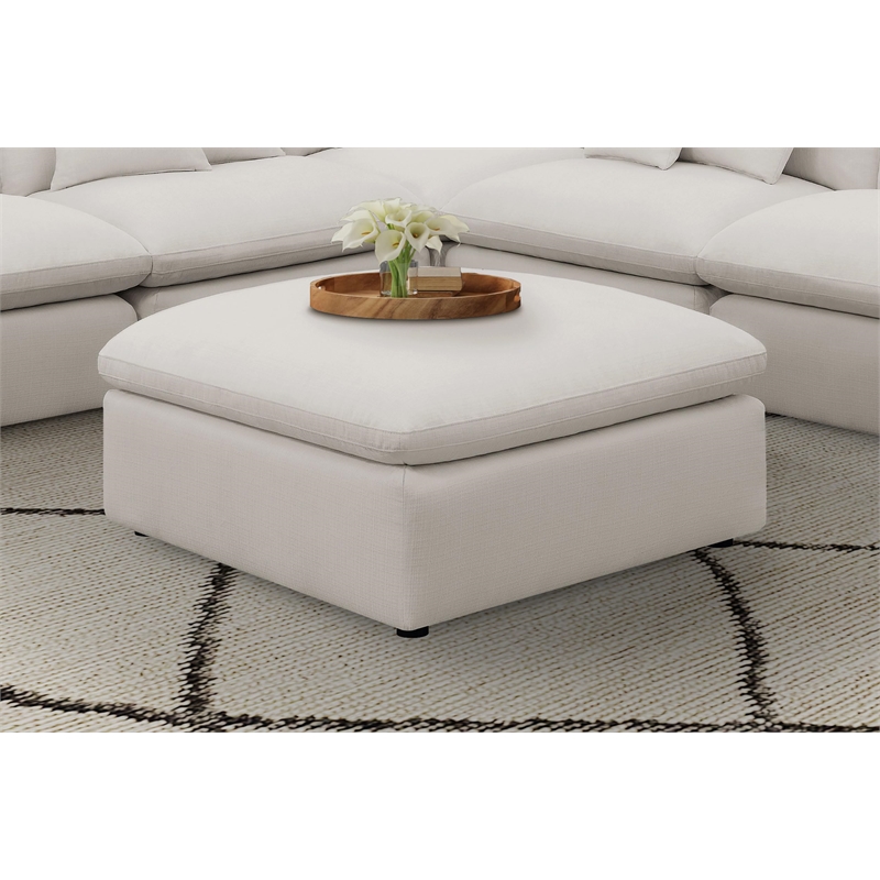 Pemberly Row Square Upholstered Fabric Ottoman with Wood Frame in Ivory