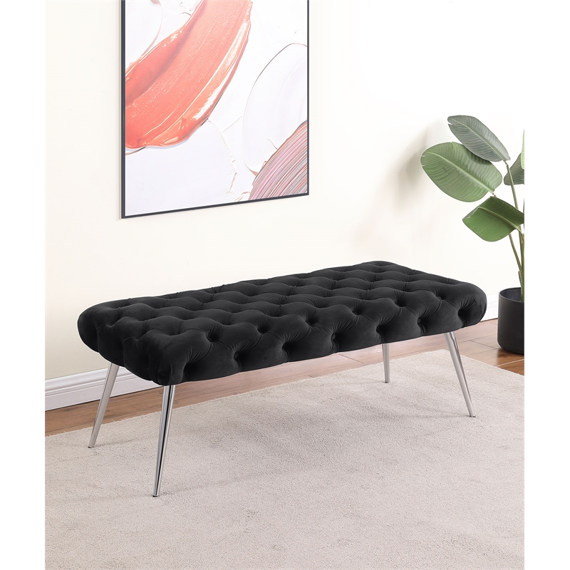 Pemberly Row Upholstered Tufted Bench with Stainless Steel Legs in Black