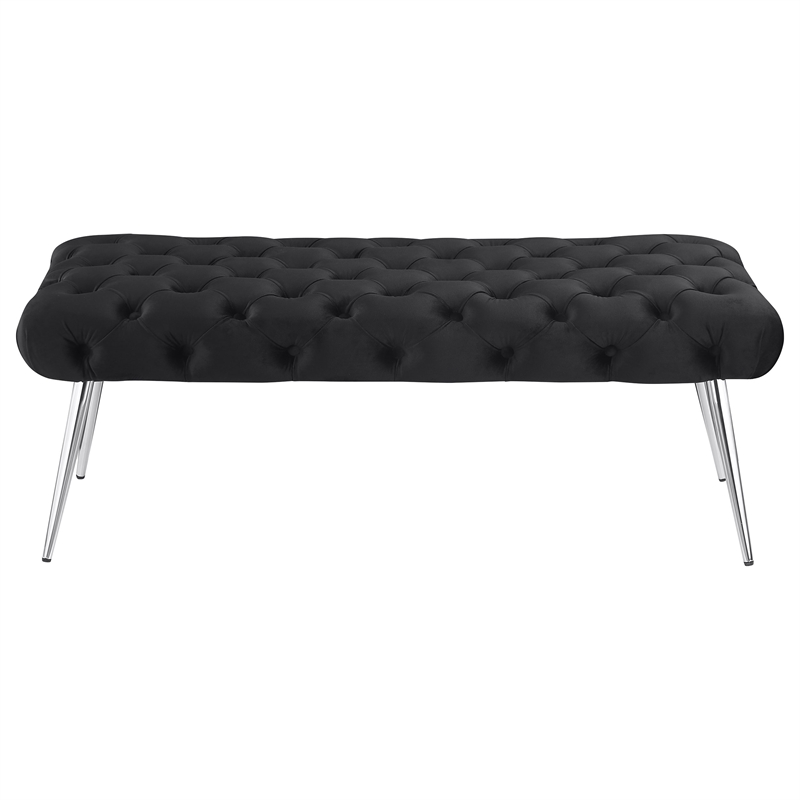 Pemberly Row Upholstered Tufted Bench with Stainless Steel Legs in Black
