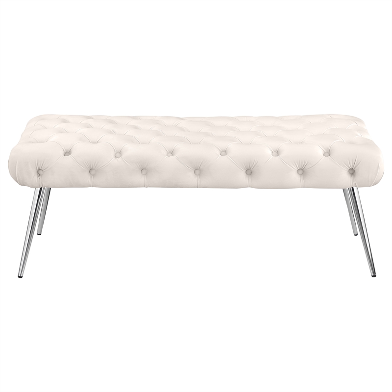 Pemberly Row Upholstered Tufted Bench with Stainless Steel Legs in Ivory