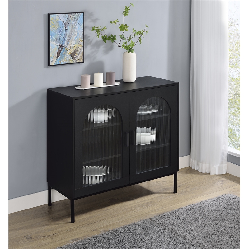 Pemberly Row 2-Door Arched Fluted Glass Accent Cabinet in Black