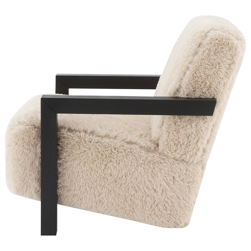 Pemberly Row Faux Fur Upholstered Chair with Solid Wood Arms in Latte