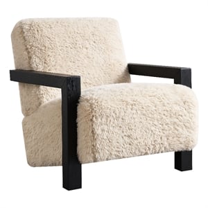 Pemberly Row Faux Fur Upholstered Chair with Solid Wood Arms in Latte