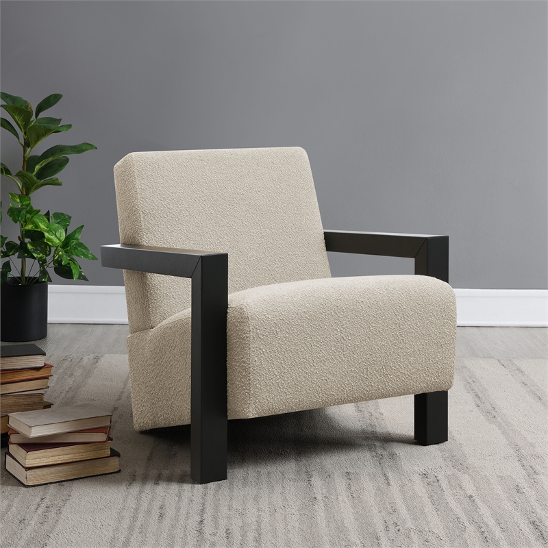 Pemberly Row Boucle Upholstered Accent Arm Chair with Wood Arms in Latte
