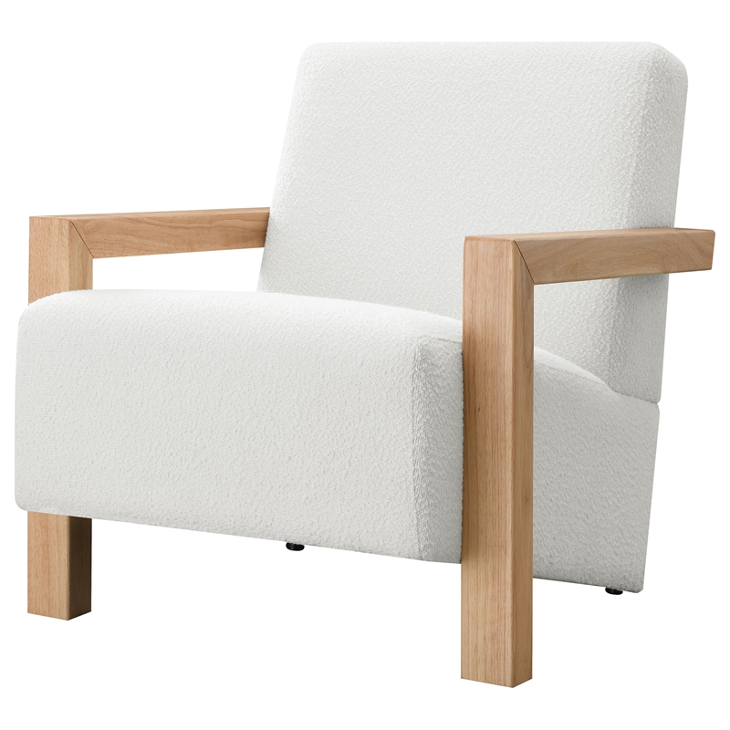Pemberly Row Boucle Upholstered Accent Arm Chair with Wood Arms in Ivory