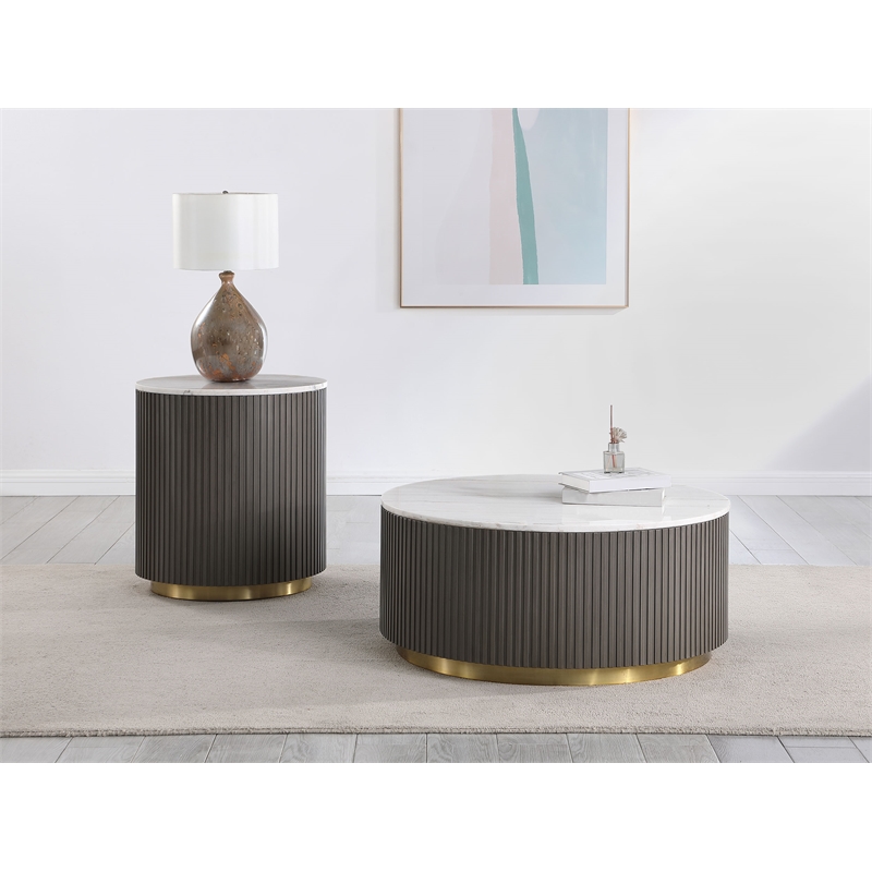 Pemberly Row 2-Piece Round White Marble Top Coffee Table Set in Charcoal