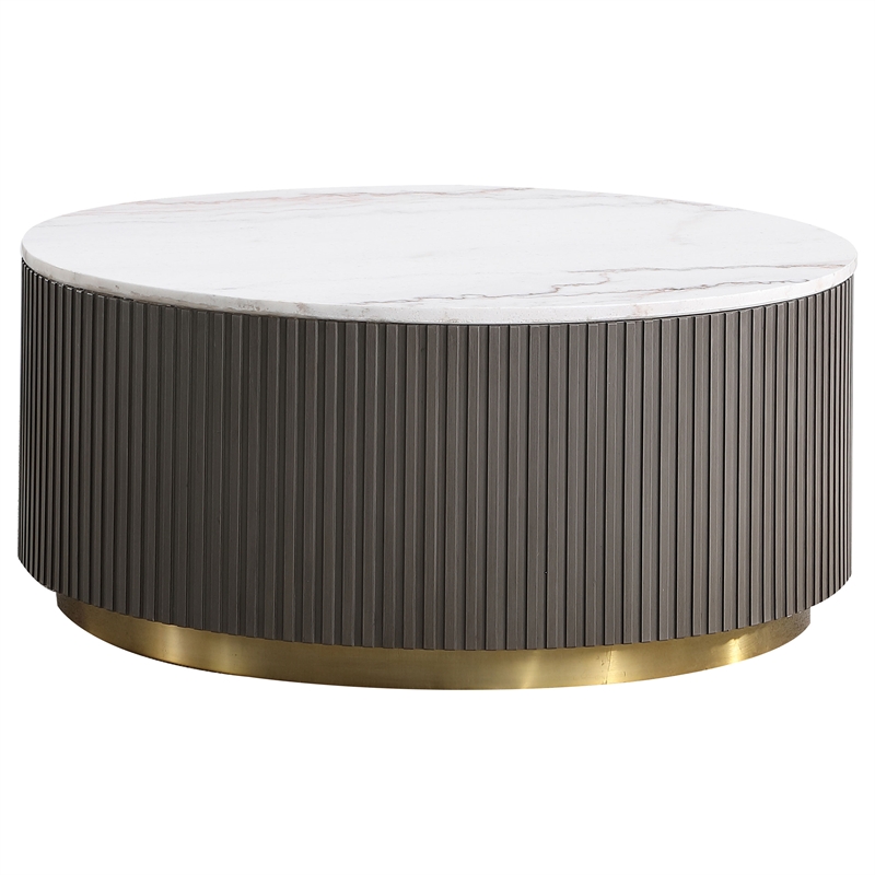 Pemberly Row 2-Piece Round White Marble Top Coffee Table Set in Charcoal