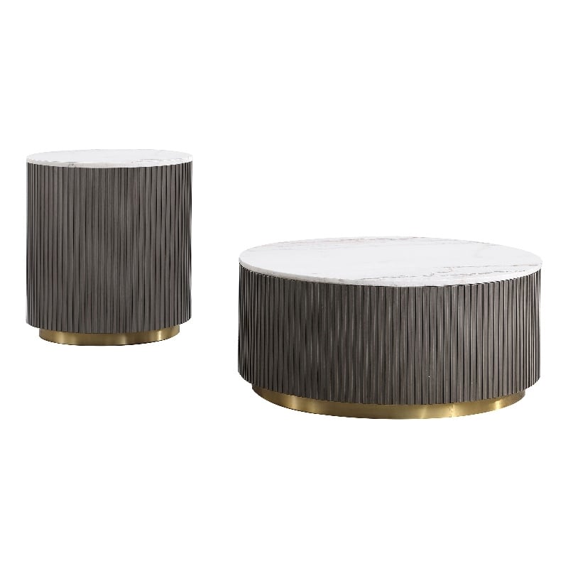 Pemberly Row 2-Piece Round White Marble Top Coffee Table Set in Charcoal