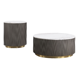 Pemberly Row 2-Piece Round White Marble Top Coffee Table Set in Charcoal