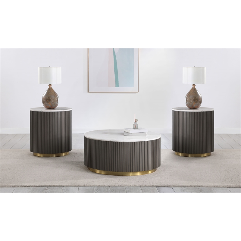 Pemberly Row 3-Piece Round White Marble Top Coffee Table Set in Charcoal