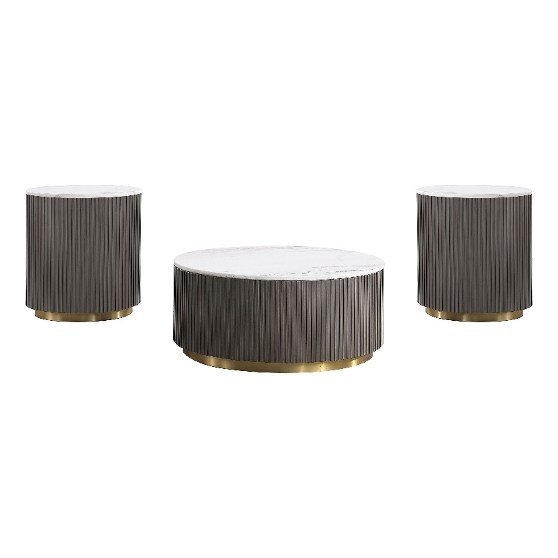 Pemberly Row 3-Piece Round White Marble Top Coffee Table Set in Charcoal