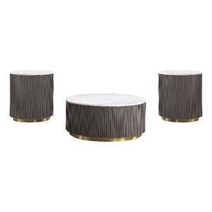 Pemberly Row 3-Piece Round White Marble Top Coffee Table Set in Charcoal