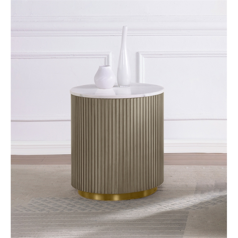 Pemberly Row Round White Marble Top Drum Base Side End Table in Greige