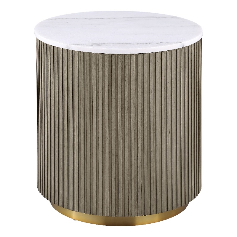 Pemberly Row Round White Marble Top Drum Base Side End Table in Greige