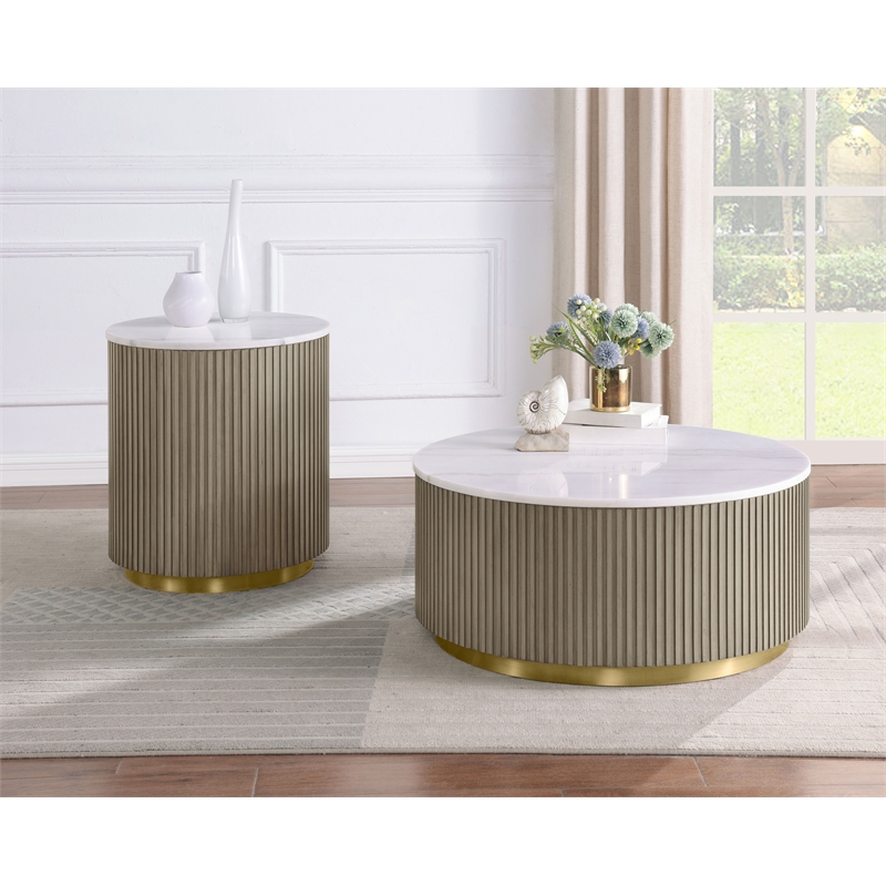 Pemberly Row 2-Piece Round White Marble Coffee Table Set in Greige