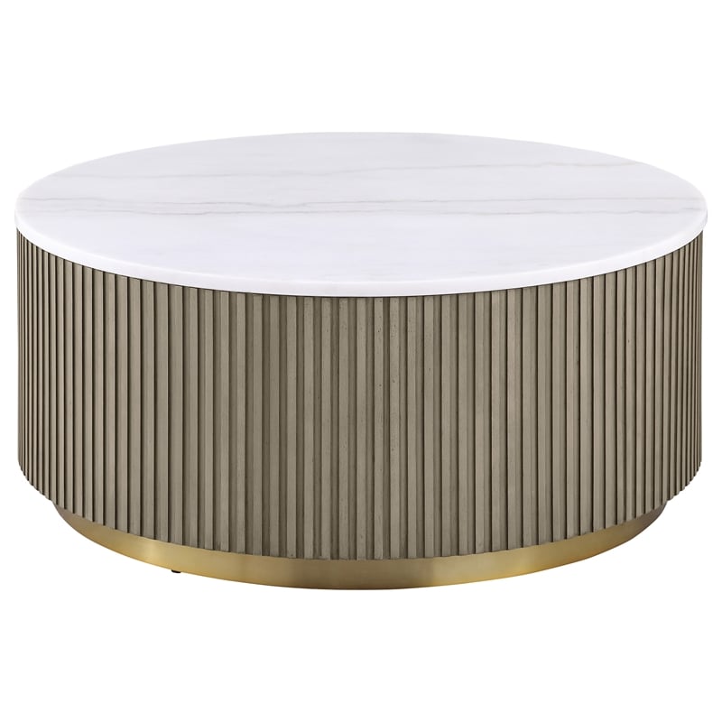Pemberly Row 2-Piece Round White Marble Coffee Table Set in Greige
