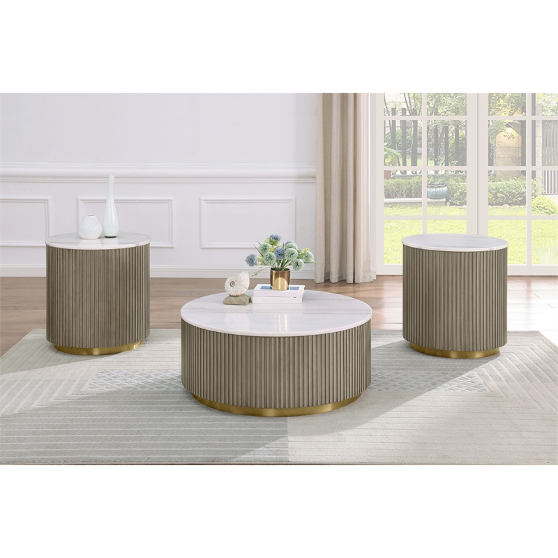 Pemberly Row 3-Piece Round White Marble Coffee Table Set in Greige