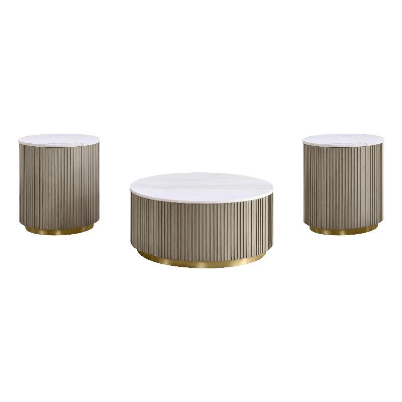 Pemberly Row 3-Piece Round White Marble Coffee Table Set in Greige
