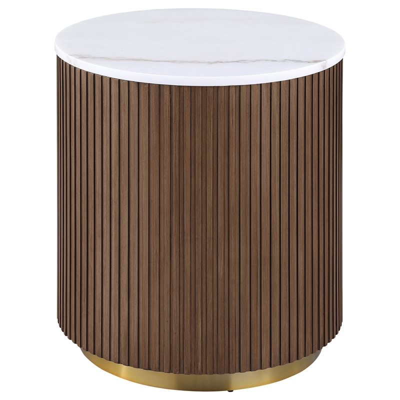 Pemberly Row 2-Piece Round White Marble Coffee Table Set in Honey Brown