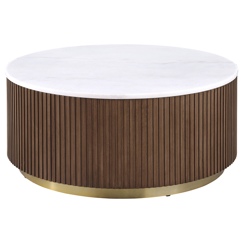 Pemberly Row 2-Piece Round White Marble Coffee Table Set in Honey Brown